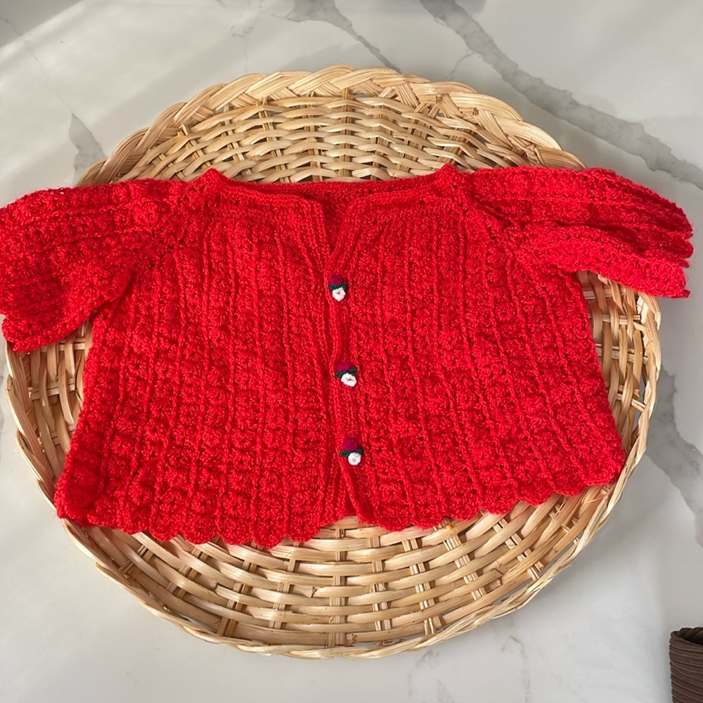 Handmade Red knitted baby girl soft floral button boho cardigan